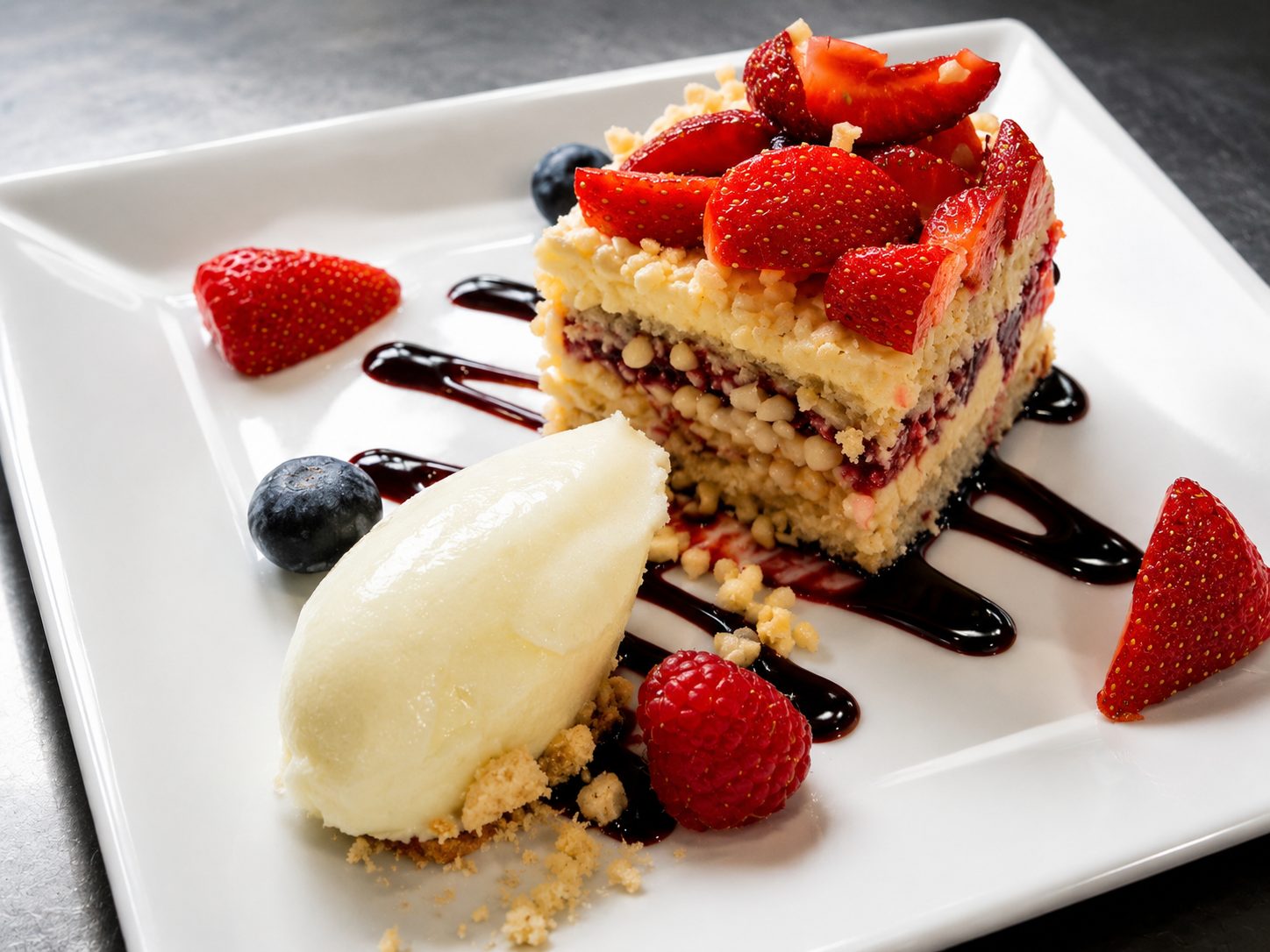 Strawberry cake with sorbet